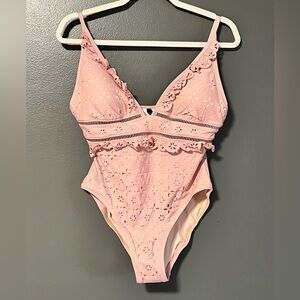 J.Crew Scalloped Ruffle Plunging One-Piece Swimsuit Pink Eyelet Laser-Cut